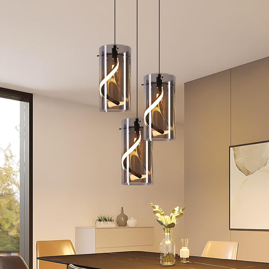 ZMH LED Hängelampe Esstisch 3-flammig 33W Hängelampe aus Rauchglas