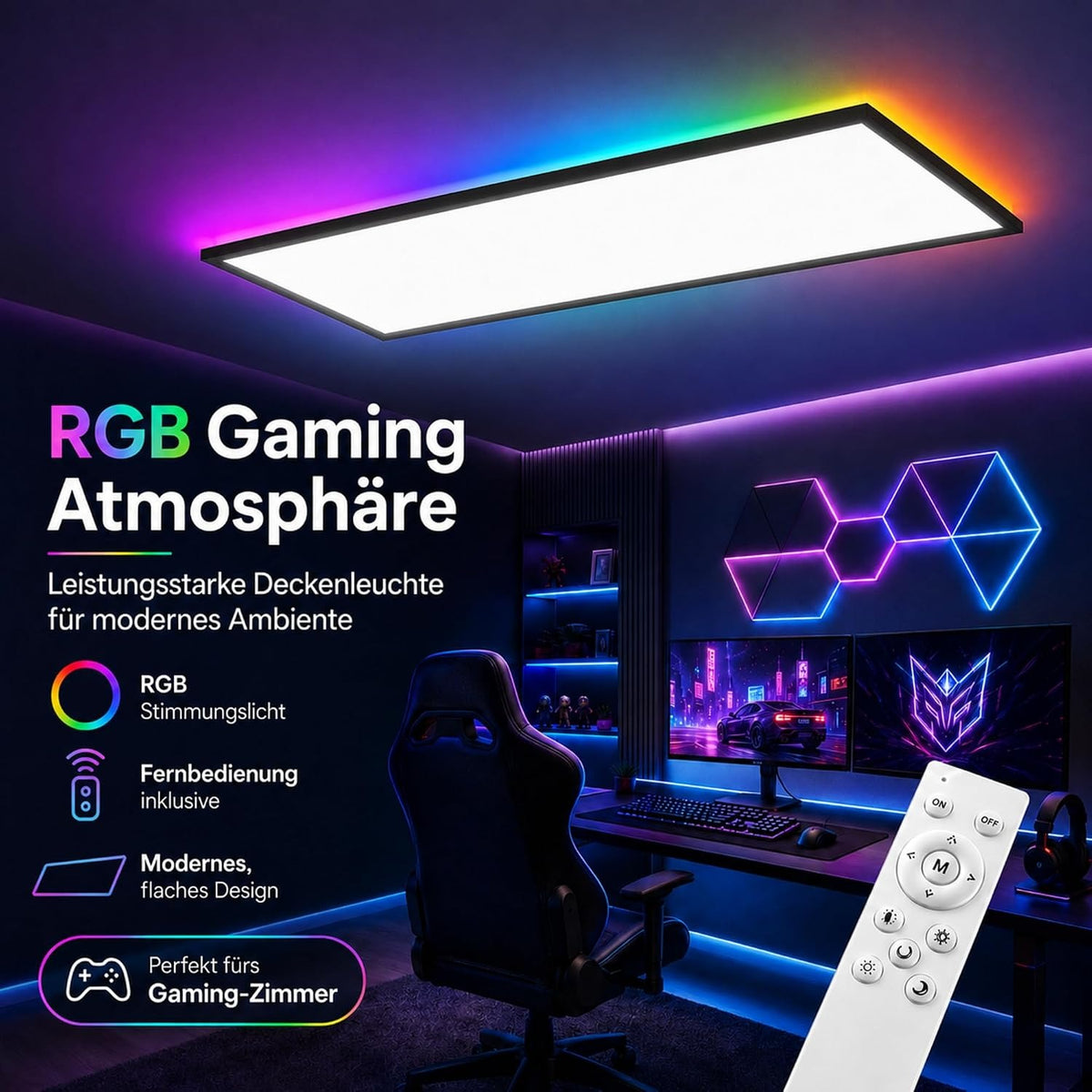 ZMH LED Panel 120x30 Cm Schwarz, LED Deckenleuchte 36 W, Deckenlampe Wohnzimmer