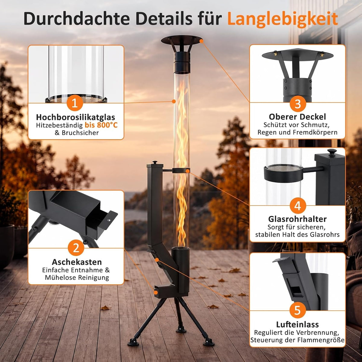 ZMH Pellet Terrassenheizer Outdoor Feuerrohr mit Glasrohr 167CM
