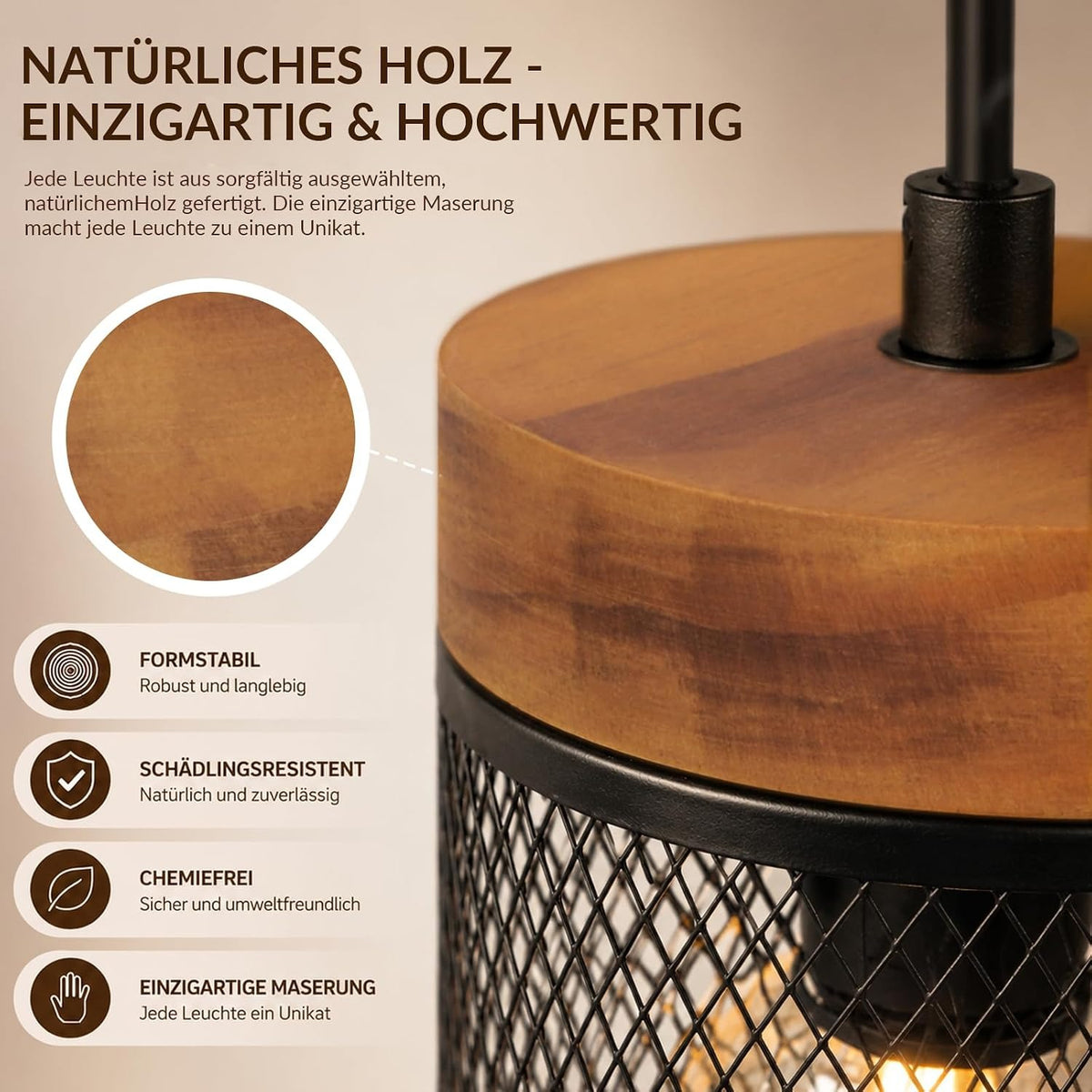 ZMH Vintage Hängelampe Holz Pendelleuchte esstisch 1-4 Flammig Esstischlampe
