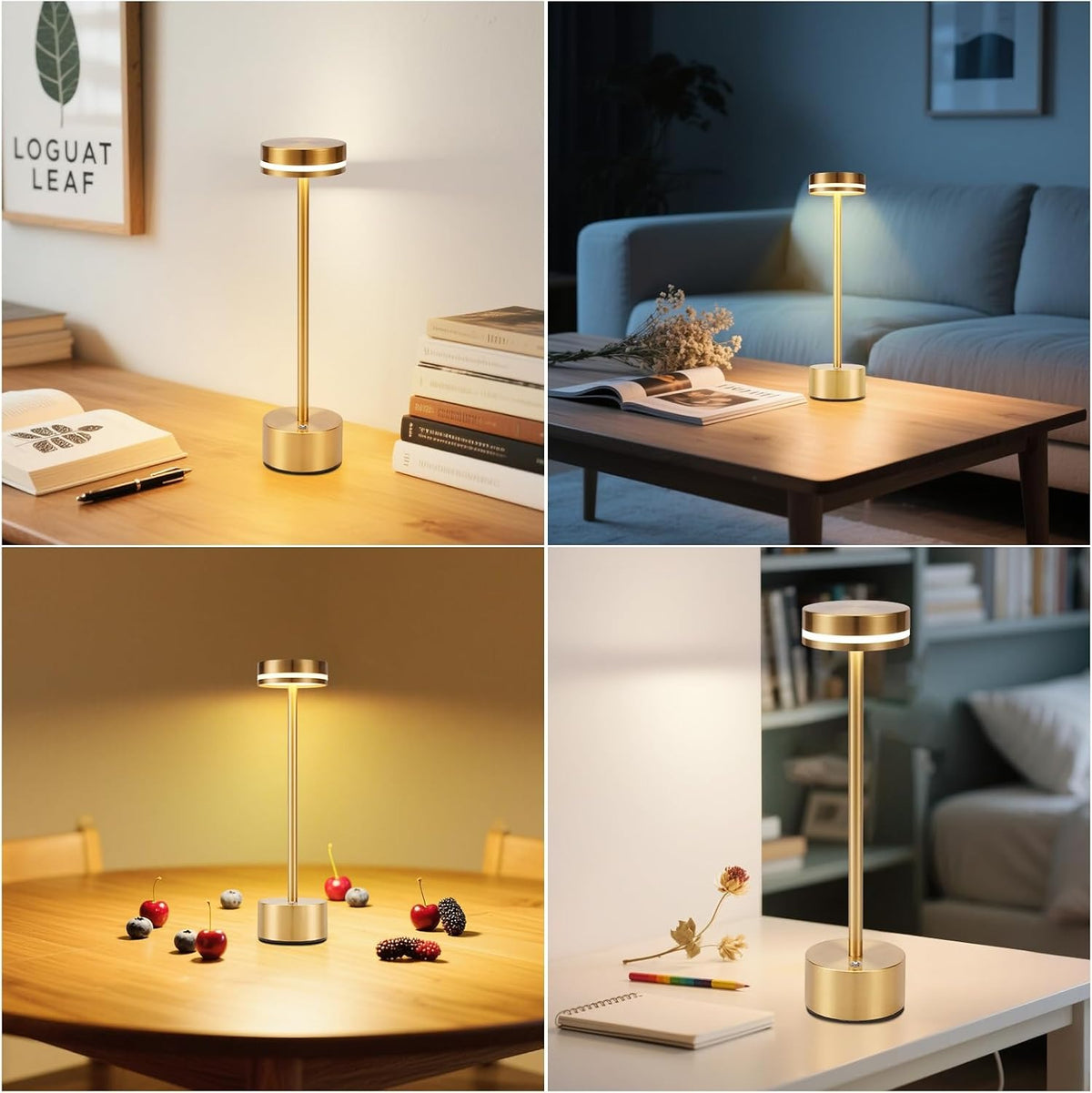 ZMH Tischlampe Akku LED Tischleuchte Kabellos - Nachttischlampe Dimmbare mit USB-C Aufladbar Batterie Touch Lampe Gold Tischlampen