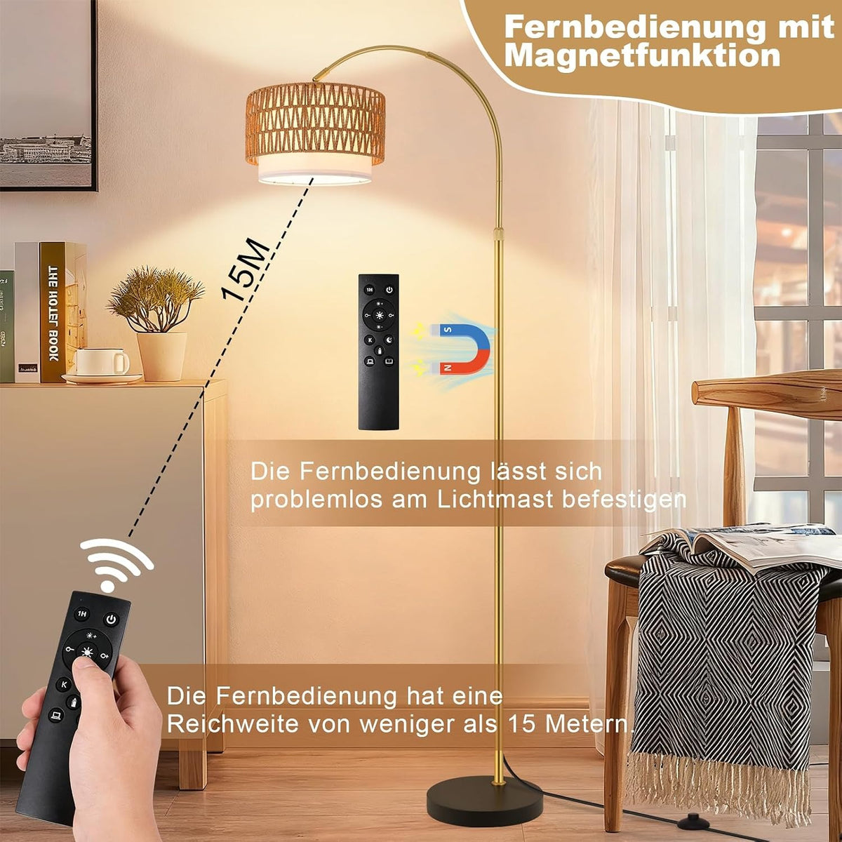 ZMH Gold Bogenlampe Wohnzimmer boho Stehlampe Rattan 3000K - 6500K