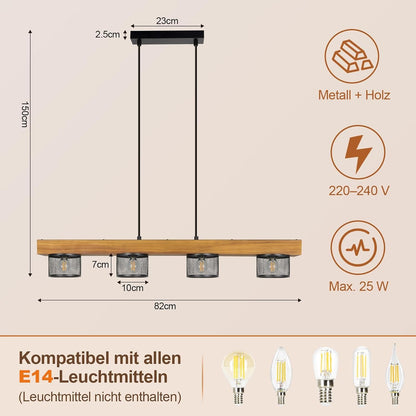 ZMH Vintage Pendelleuchte Holz Hängelampe esstisch 4 flammig mit Holzbalken