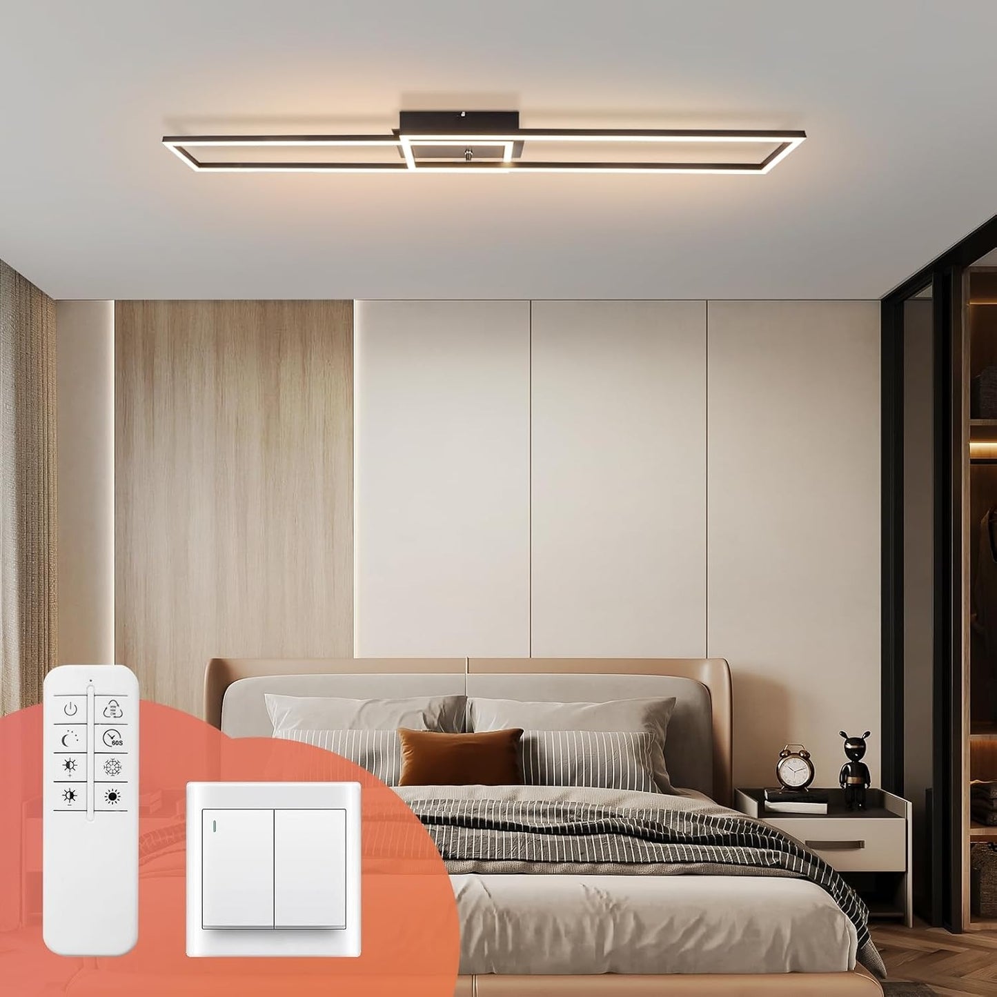 ZMH Deckenlampe LED Deckenleuchte Schlafzimmer- 2 Schwarz Rahmen Deckenbeleuchtung 102CM Modern Wohnzimmerlampe Dimmbar mit Fernbedienung Esszimmerlampe 36W Rechteckig Design für Küche Flur