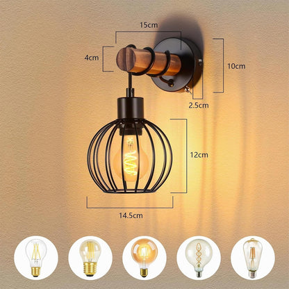 ZMH Wandleuchte Wohnzimmer Vintage Holz: Wandlampe mit Schalter Wandbeleuchtung Schwarz im industrial Design E27 Wandstrahler aus Metall Retro Bettlampe für Schlafzimmer Flur Cafe - Ohne Leuchtmittel