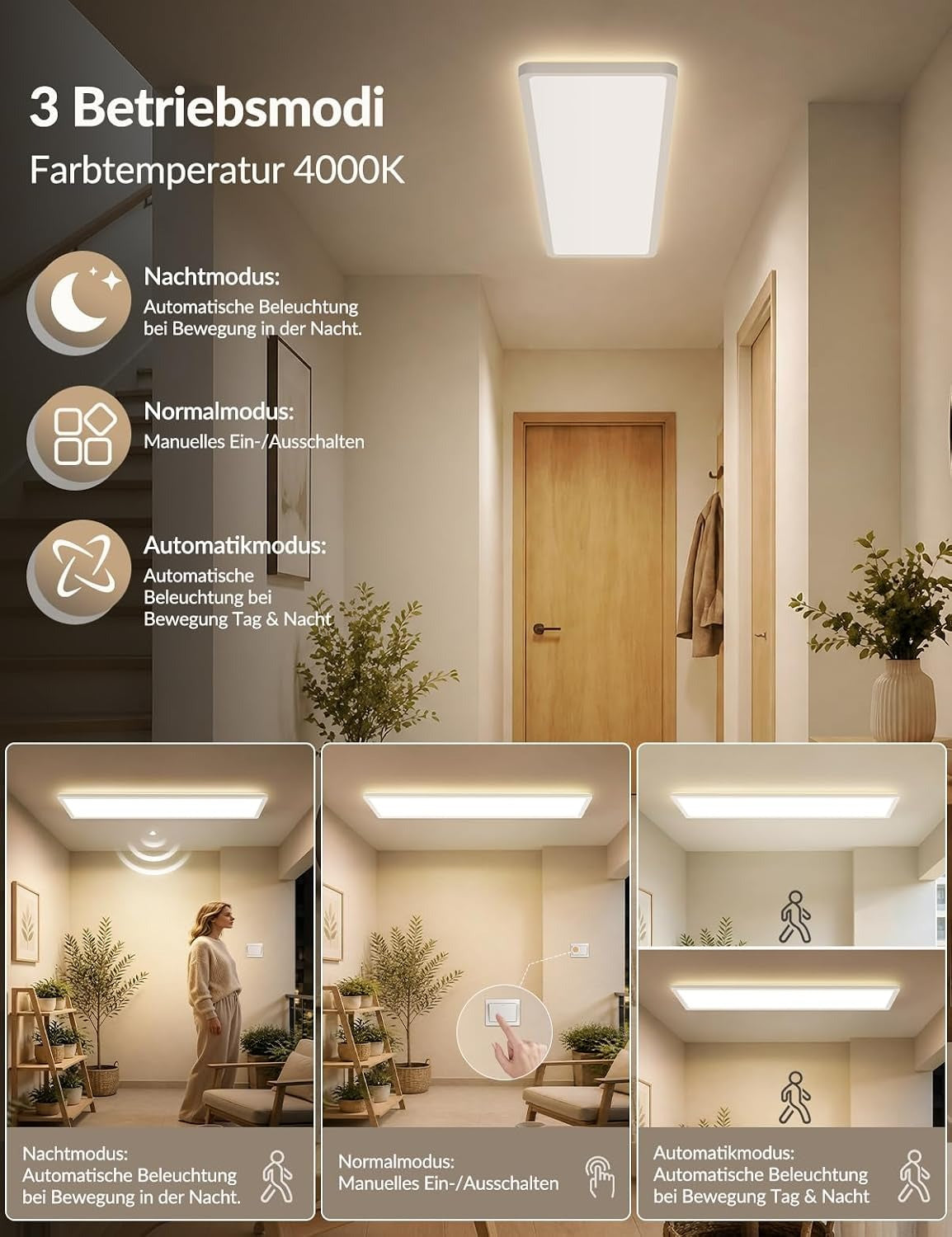 ZMH LED Deckenleuchte mit Bewegungsmelder innen 100x25cm LED Panel