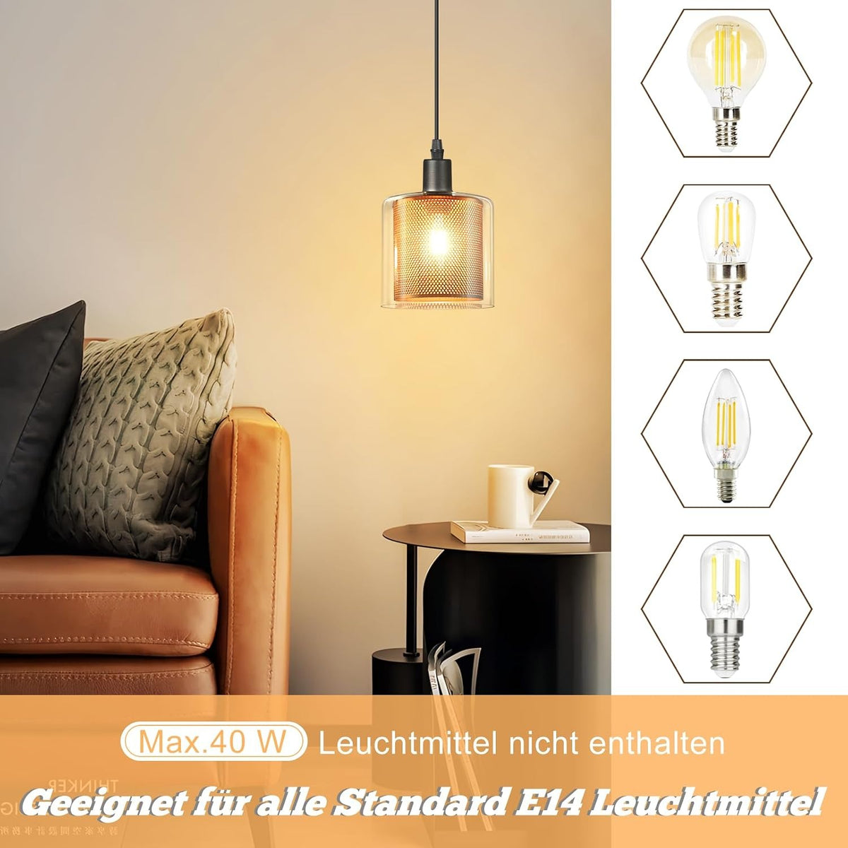 ZMH Hängelampe Vintage Pendelleuchte 1 Flammig Glas Gold Hängeleuchte mit