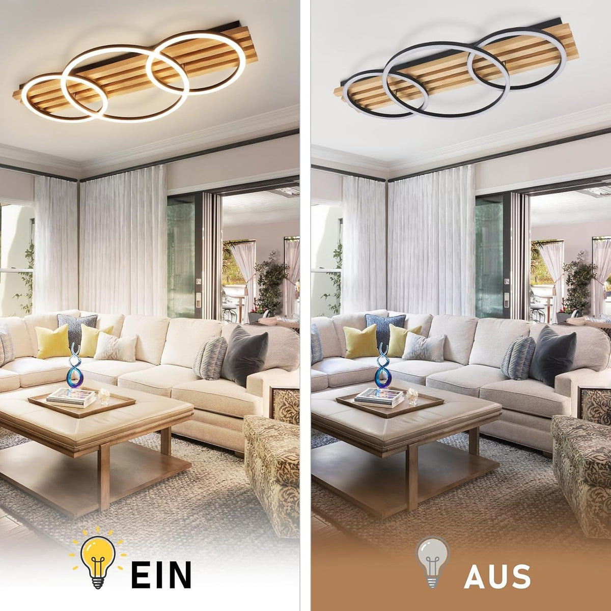 ZMH LED Deckenleuchte Dimmbar Holz Deckenlampe 70cm Wohnzimmerlampe Decke