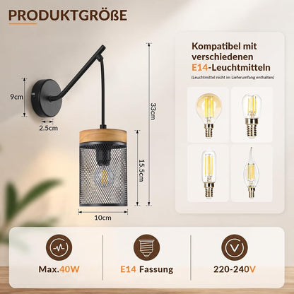 ZMH Wandlampe Holz vintage Wandleuchte innen schwarz Industrial 1er Pack