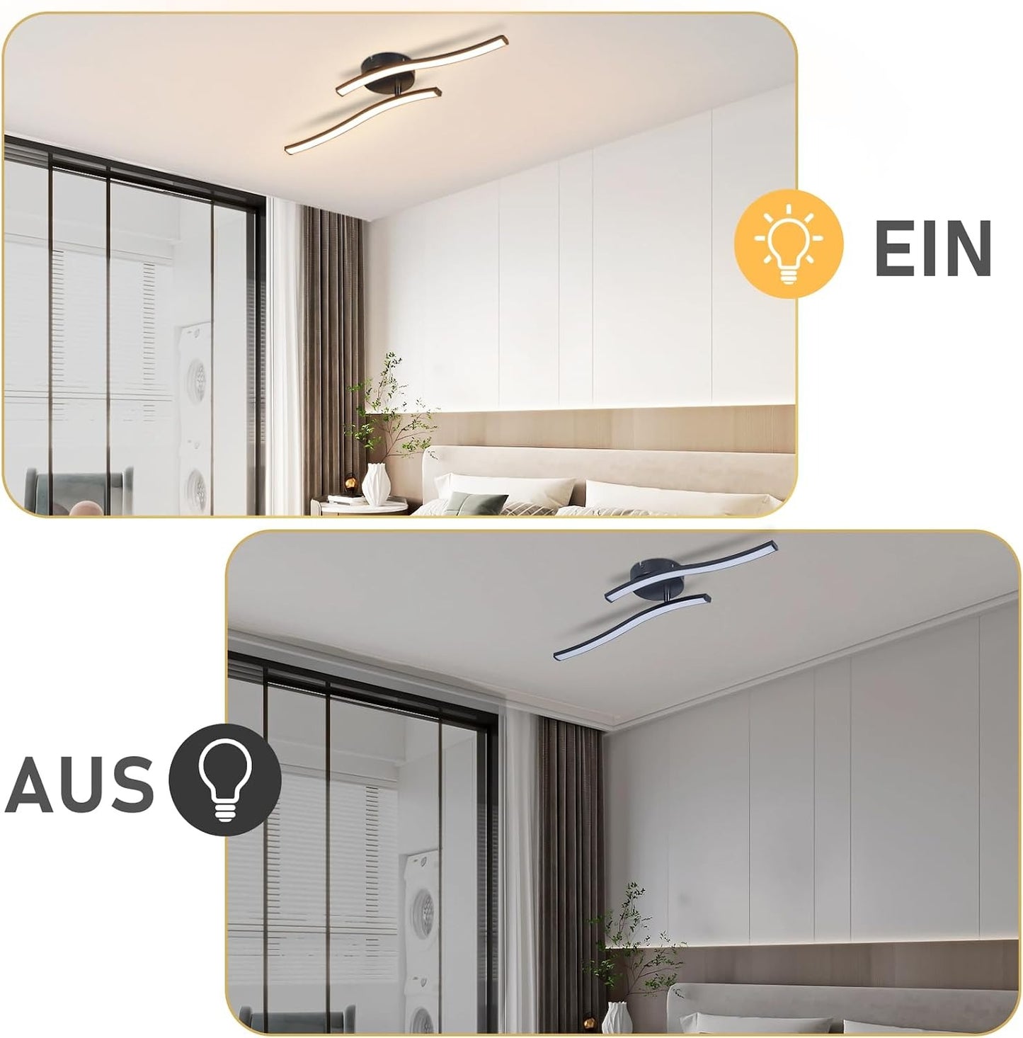 ZMH Deckenlampe Wohnzimmer LED Deckenleuchte Schlafzimmer: Modern Schlafzimmerlampe Schwarz 12W Wohnzimmerlampe 3000K Wellen Design Innen Warmweiß
