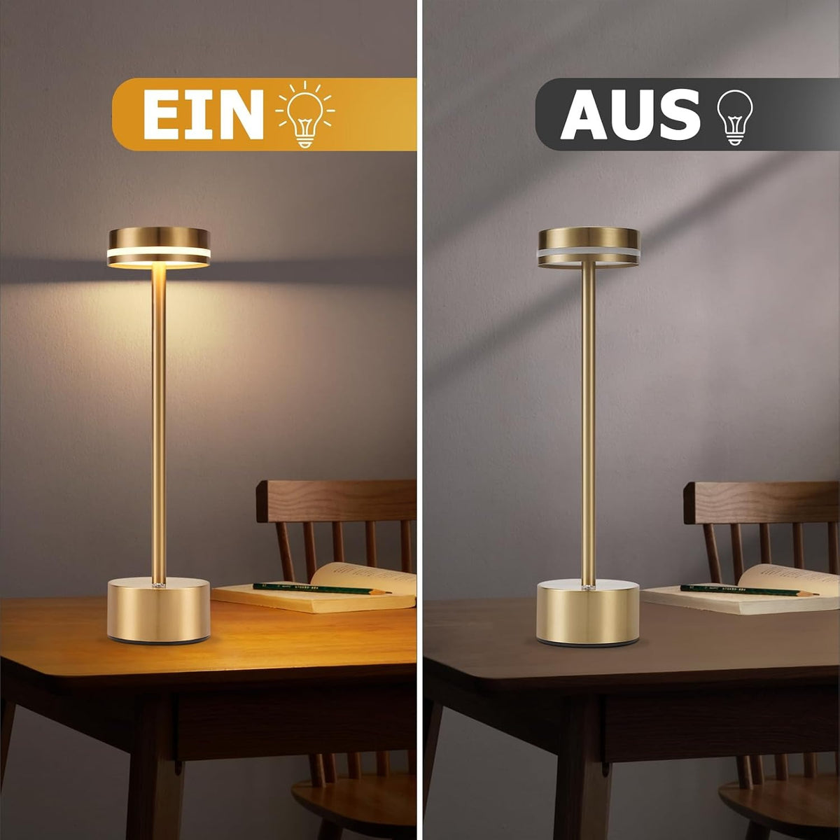 ZMH Tischlampe Akku LED Tischleuchte Kabellos - Nachttischlampe Dimmbare mit USB-C Aufladbar Batterie Touch Lampe Gold Tischlampen