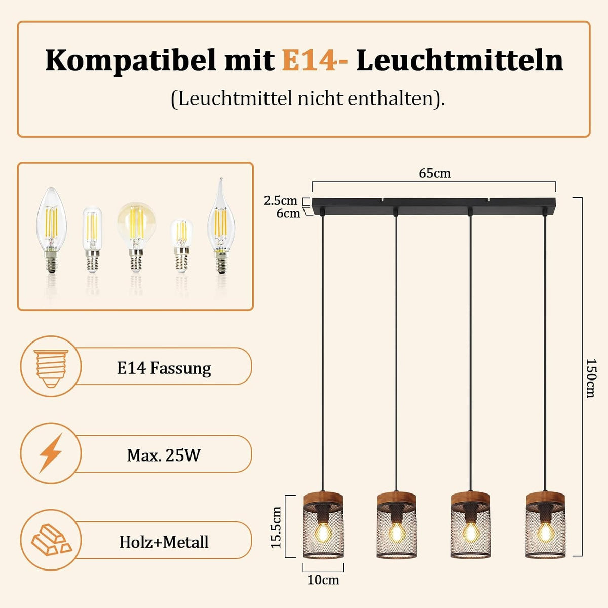 ZMH Vintage Hängelampe Holz Pendelleuchte esstisch 1-4 Flammig Esstischlampe