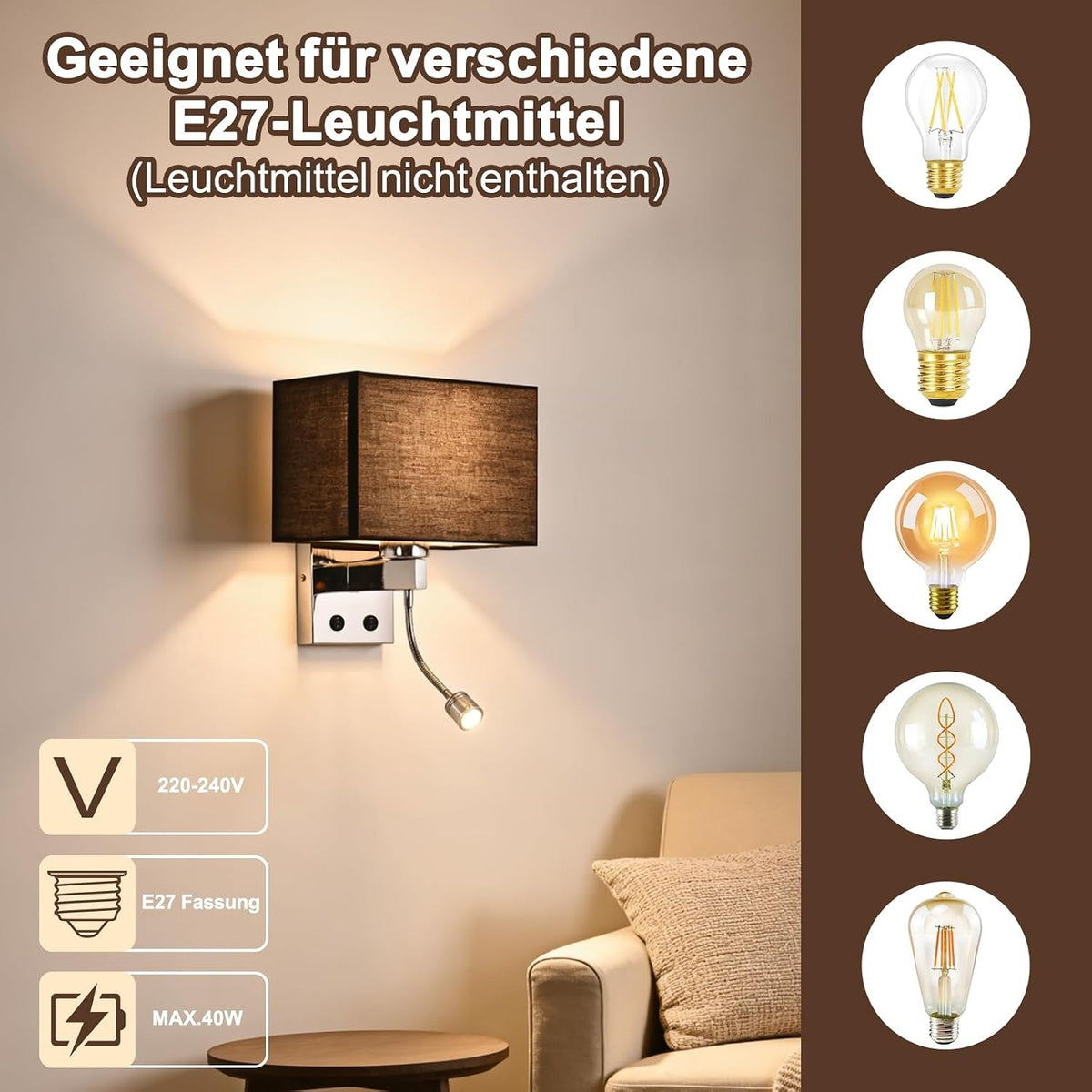 ZMH Wandlampe Innen Wandleuchte Schlafzimmer Schwarz Modern Wandstrahler