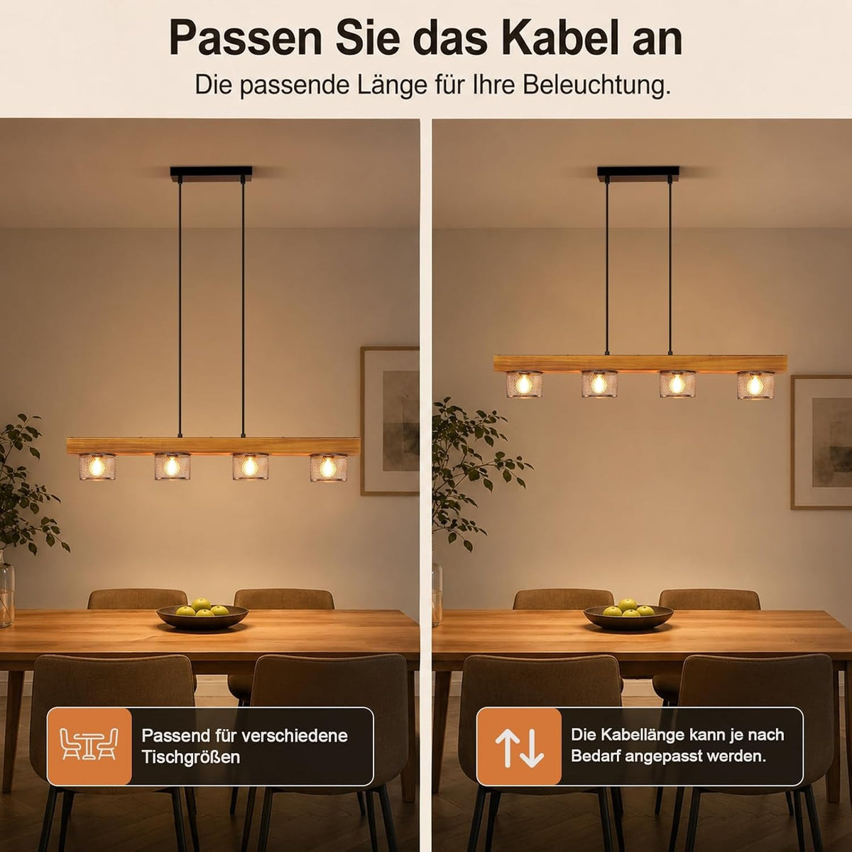 ZMH Vintage Pendelleuchte Holz Hängelampe esstisch 4 flammig mit Holzbalken