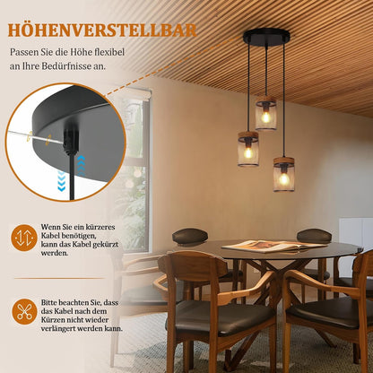 ZMH Hängelampe esstisch 3 flammig Schwarz Pendelleuchte Holz Vintage