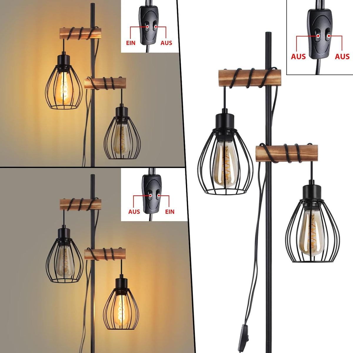 ZMH Vintage Stehlampe Holz Stehleuchte Wohnzimmer Schwarz aus Metall