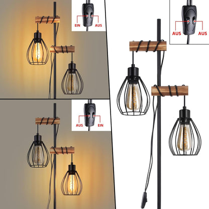 ZMH Vintage Stehlampe Holz Stehleuchte Wohnzimmer Schwarz aus Metall