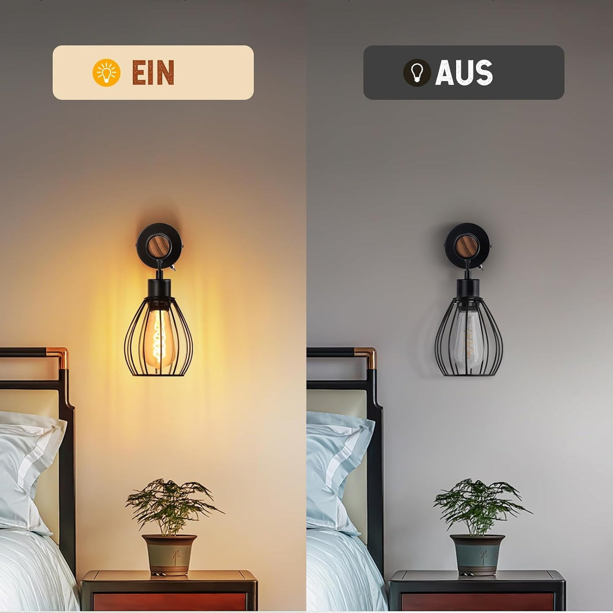 ZMH Wandleuchte mit Schalter Wandlampe Vintage: Holz Wandbeleuchtung Schwarz E27 industrial Wandstrahler aus Metall Retro Bettlampe für Wohnzimmer Schlafzimmer Flur Restaurant - Ohne Leuchtmittel