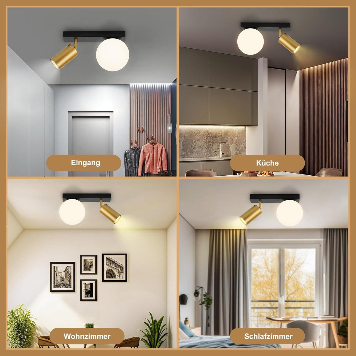 ZMH Deckenleuchte 2 Flammig Vintage Deckenstrahler: Deckenlampe Flur Metall mit Gold GU10 Deckenspots Schwenkbar Flurlampe Weiß E14 Glaskugel Küchenlampe für Flur Küche Wohnzimmer Schlafzimmer Balkon