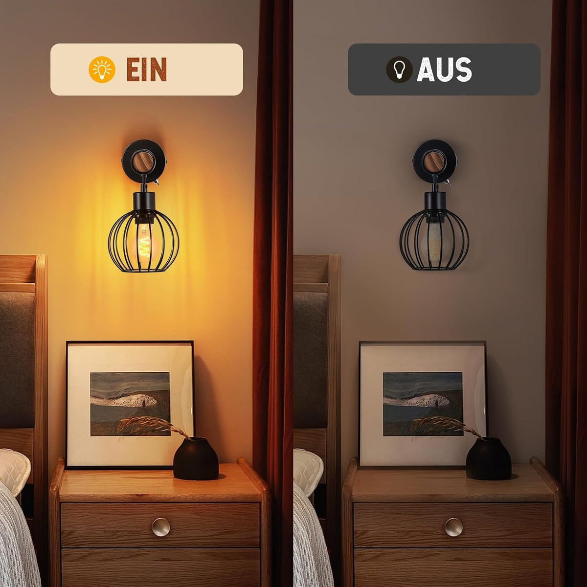 ZMH Wandleuchte Wohnzimmer Vintage Holz: Wandlampe mit Schalter Wandbeleuchtung Schwarz im industrial Design E27 Wandstrahler aus Metall Retro Bettlampe für Schlafzimmer Flur Cafe - Ohne Leuchtmittel