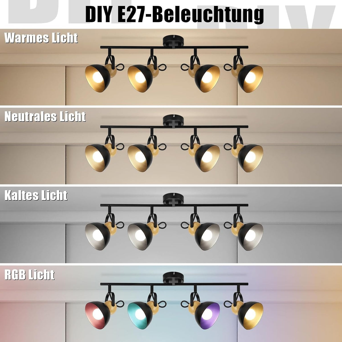 ZMH Deckenstrahler 4/1 Flammig Vintage Schwarz/Weiß E27 Deckenlampe Wohnzimmer