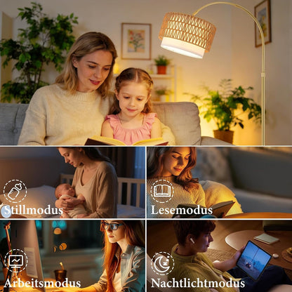 ZMH Gold Bogenlampe Wohnzimmer boho Stehlampe Rattan 3000K - 6500K