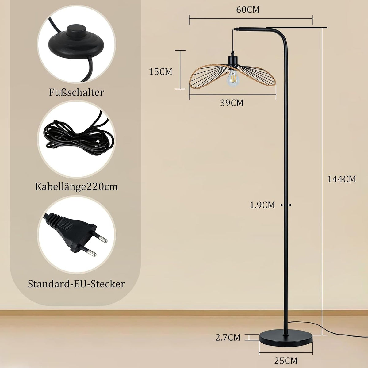 ZMH Stehlampe Schwarz Leselampe Wohnzimmer Standleuchte
