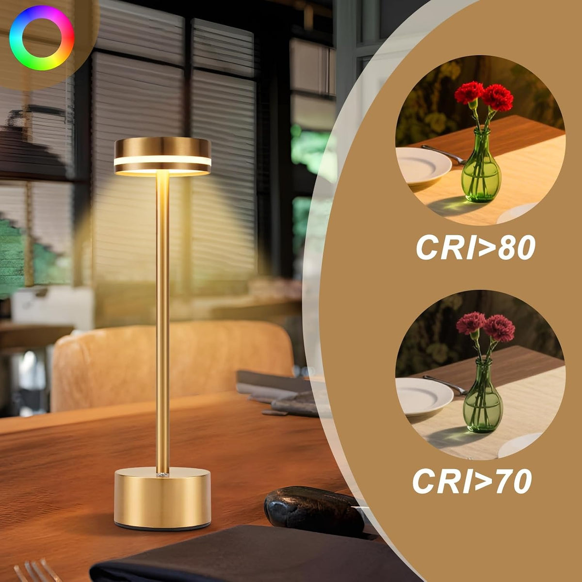 ZMH Tischlampe Akku LED Tischleuchte Kabellos - Nachttischlampe Dimmbare mit USB-C Aufladbar Batterie Touch Lampe Gold Tischlampen