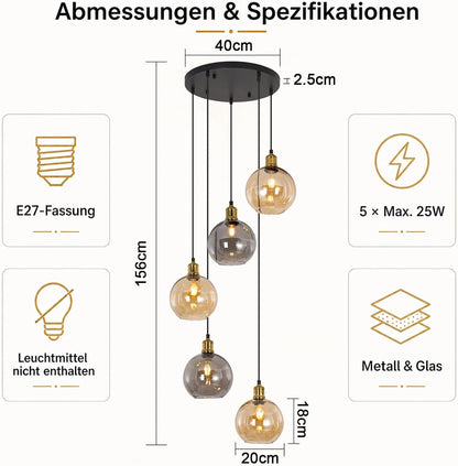 ZMH Pendelleuchte Esstisch Hängelampe Treppenhaus 5-Glaskugel 160cm o.LM