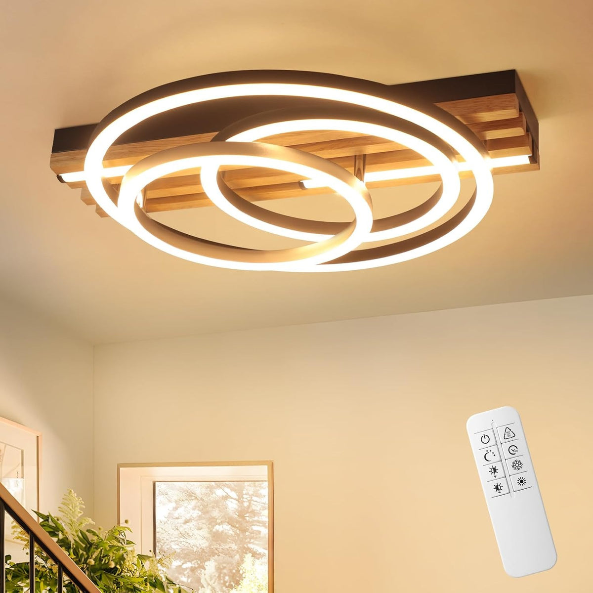 ZMH  LED Deckenleuchte Holz Dimmbar 50cm Deckenlampe Wohnzimmerlampe Modern