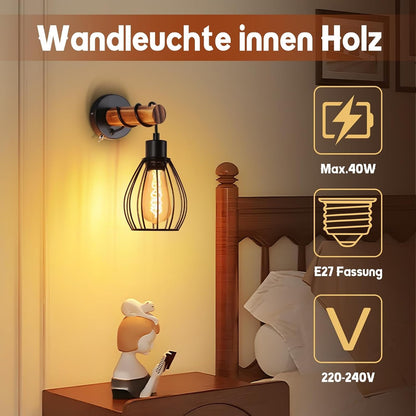 ZMH Wandleuchte mit Schalter Wandlampe Vintage: Holz Wandbeleuchtung Schwarz E27 industrial Wandstrahler aus Metall Retro Bettlampe für Wohnzimmer Schlafzimmer Flur Restaurant - Ohne Leuchtmittel