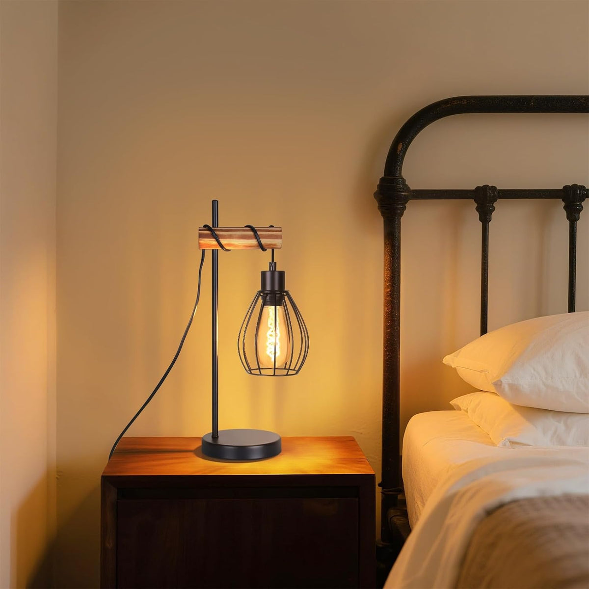 ZMH Tischlampe Wohnzimmer Vintage Tischleuchte Holz Schwarz Nachttischlampe