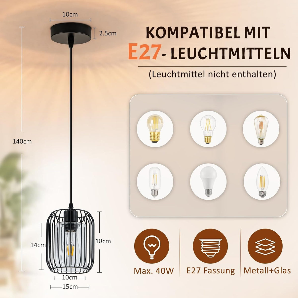 ZMH Vintage Pendelleuchte esstisch Schwarz Hängelampe Küche aus Glas