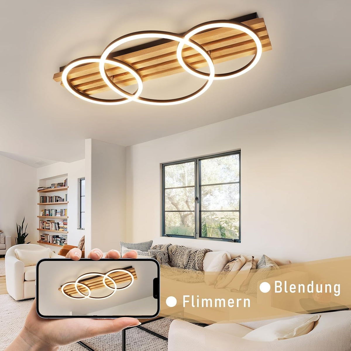 ZMH LED Deckenleuchte Dimmbar Holz Deckenlampe 70cm Wohnzimmerlampe Decke