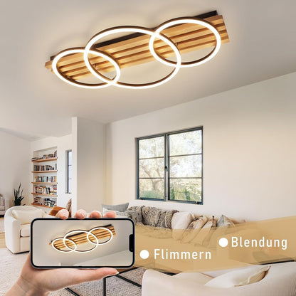 ZMH LED Deckenleuchte Dimmbar Holz Deckenlampe 70cm Wohnzimmerlampe Decke