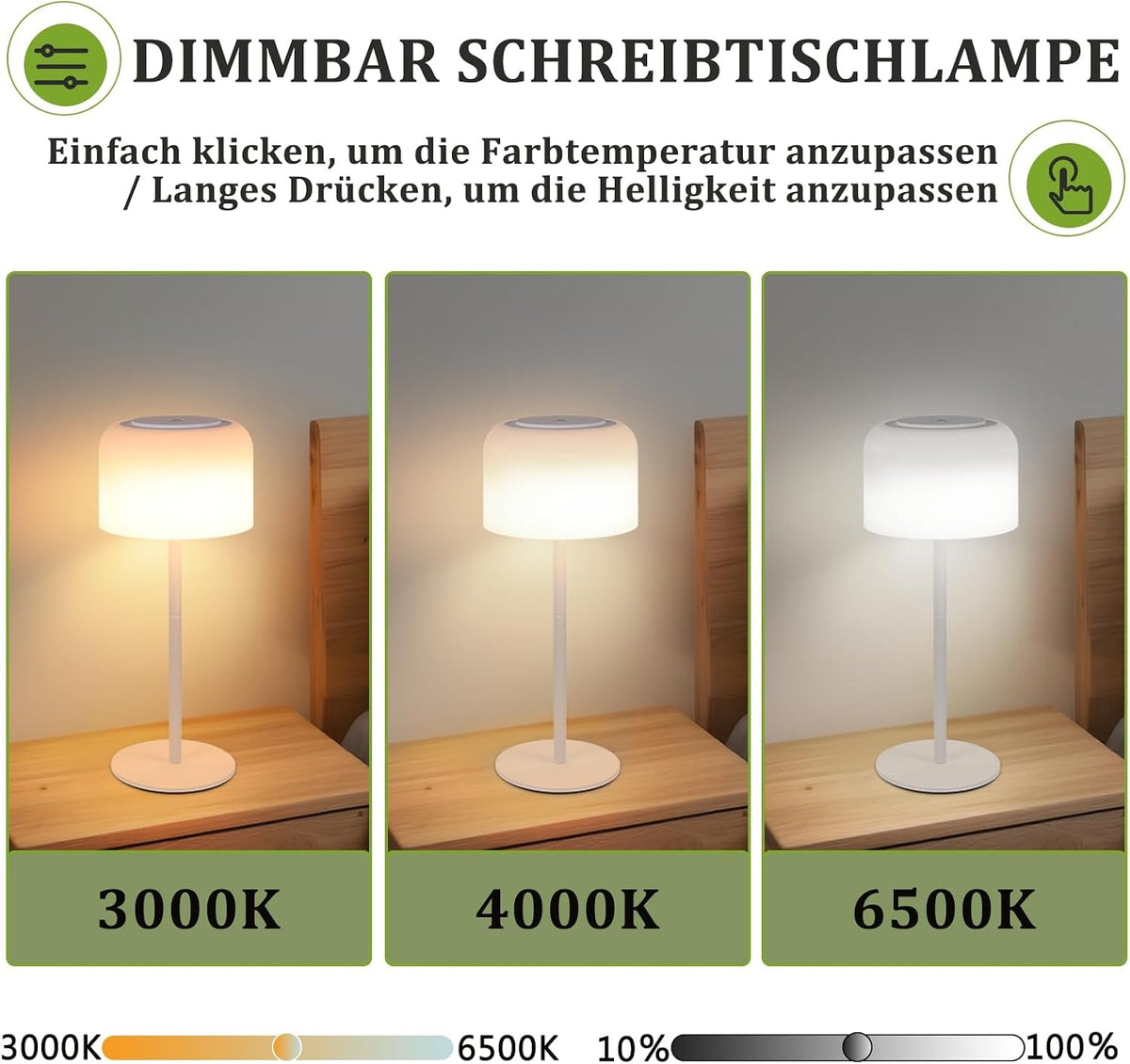 ZMH Tischlampe Kabellos LED Tischleuchte, Akku Nachttischlampe USB-C