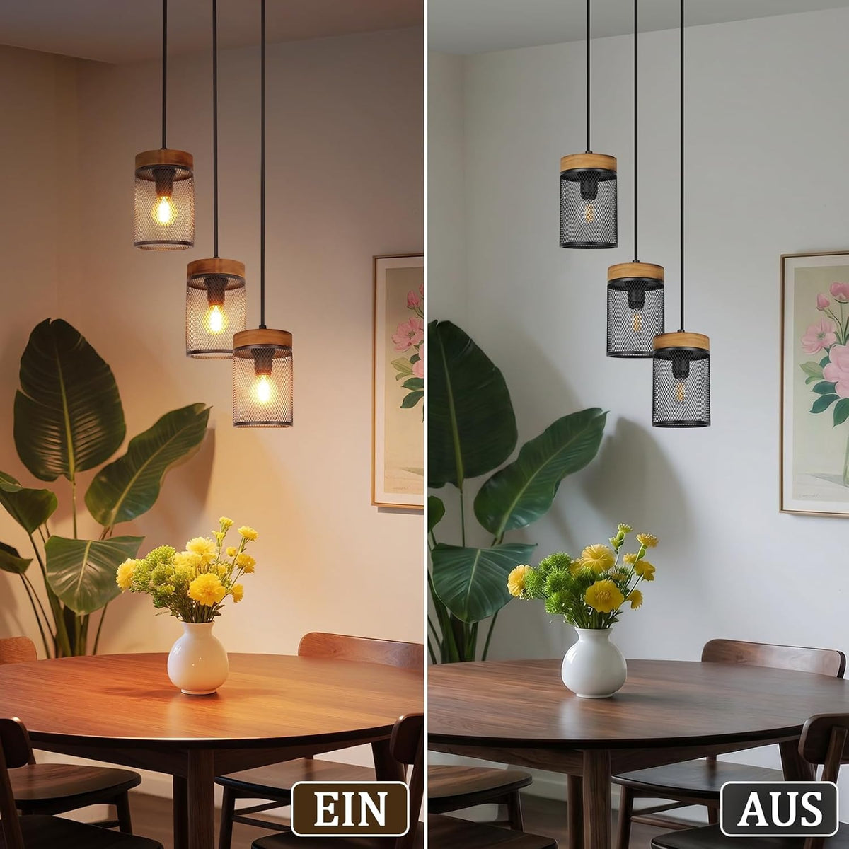 ZMH Hängelampe esstisch 3 flammig Schwarz Pendelleuchte Holz Vintage