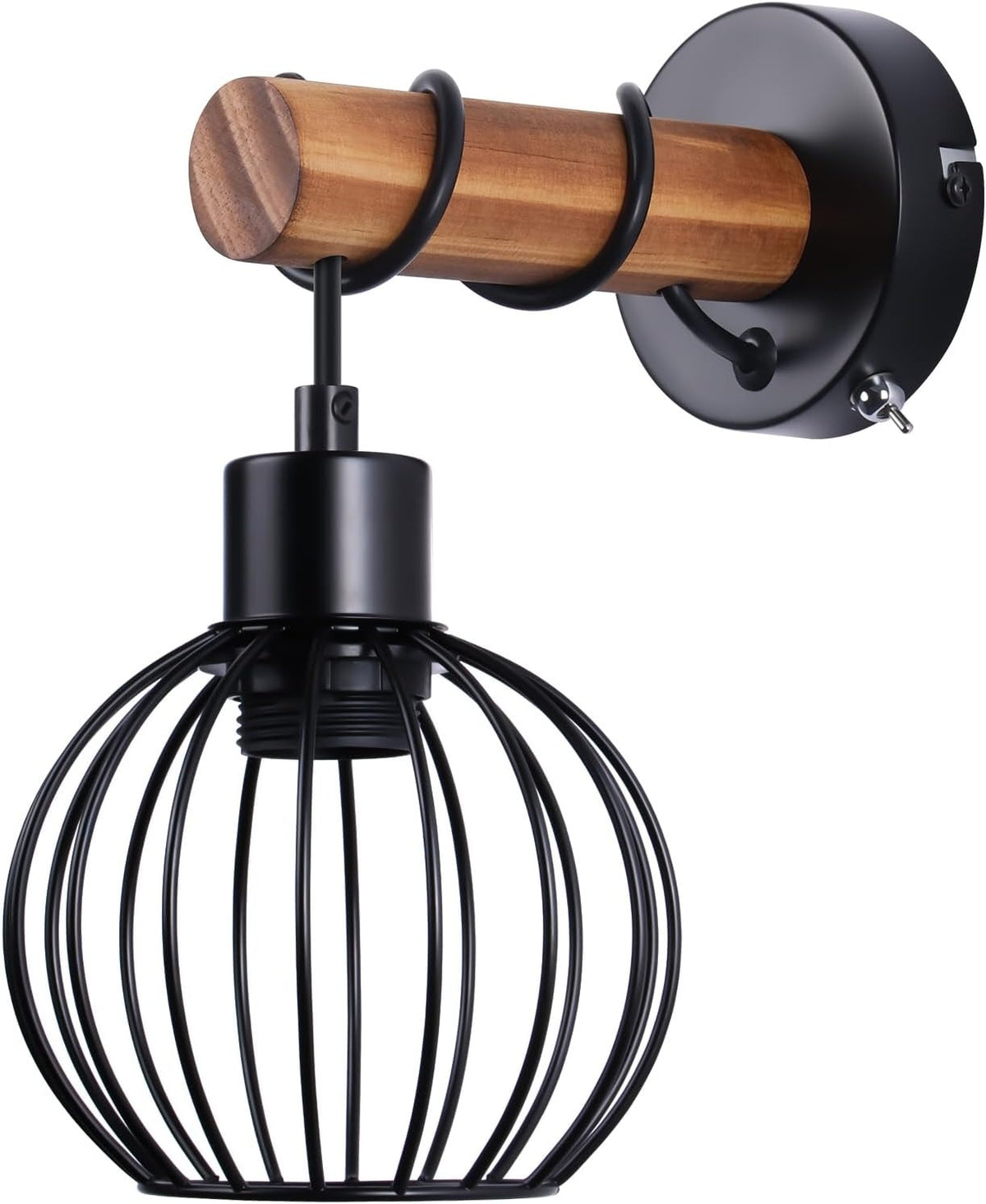 ZMH Wandleuchte Wohnzimmer Vintage Holz: Wandlampe mit Schalter Wandbeleuchtung Schwarz im industrial Design E27 Wandstrahler aus Metall Retro Bettlampe für Schlafzimmer Flur Cafe - Ohne Leuchtmittel