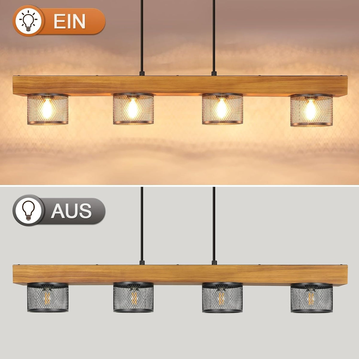 ZMH Vintage Pendelleuchte Holz Hängelampe esstisch 4 flammig mit Holzbalken