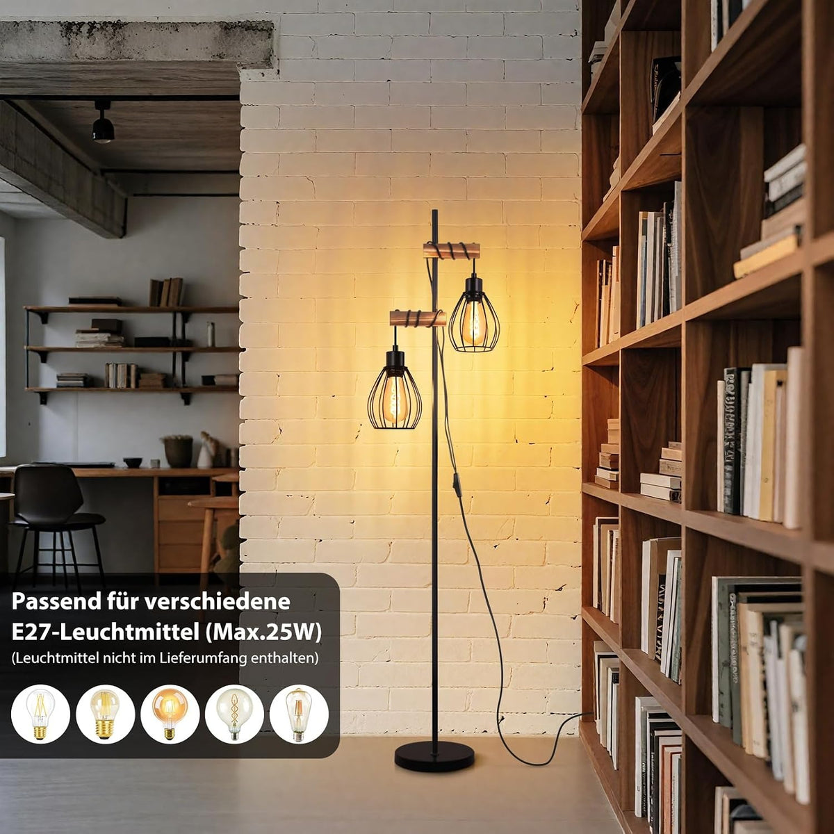 ZMH Vintage Stehlampe Holz Stehleuchte Wohnzimmer Schwarz aus Metall