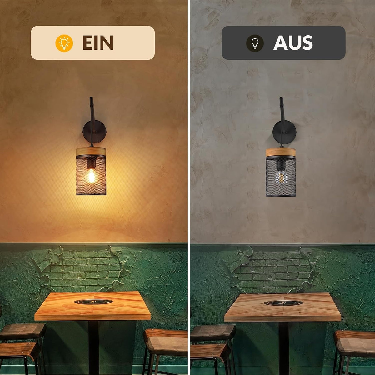 ZMH Wandlampe Holz vintage Wandleuchte innen schwarz Industrial 1er Pack