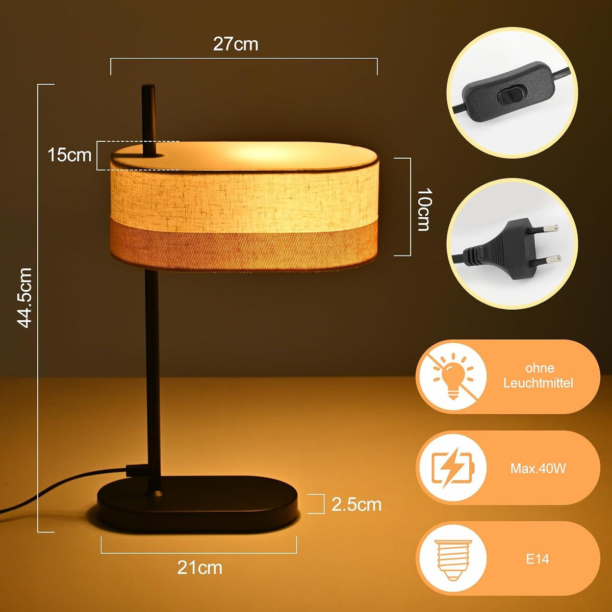 ZMH Tischlampe Wohnzimmer Tischleuchte Vintage Schwarz Nachttischlampe