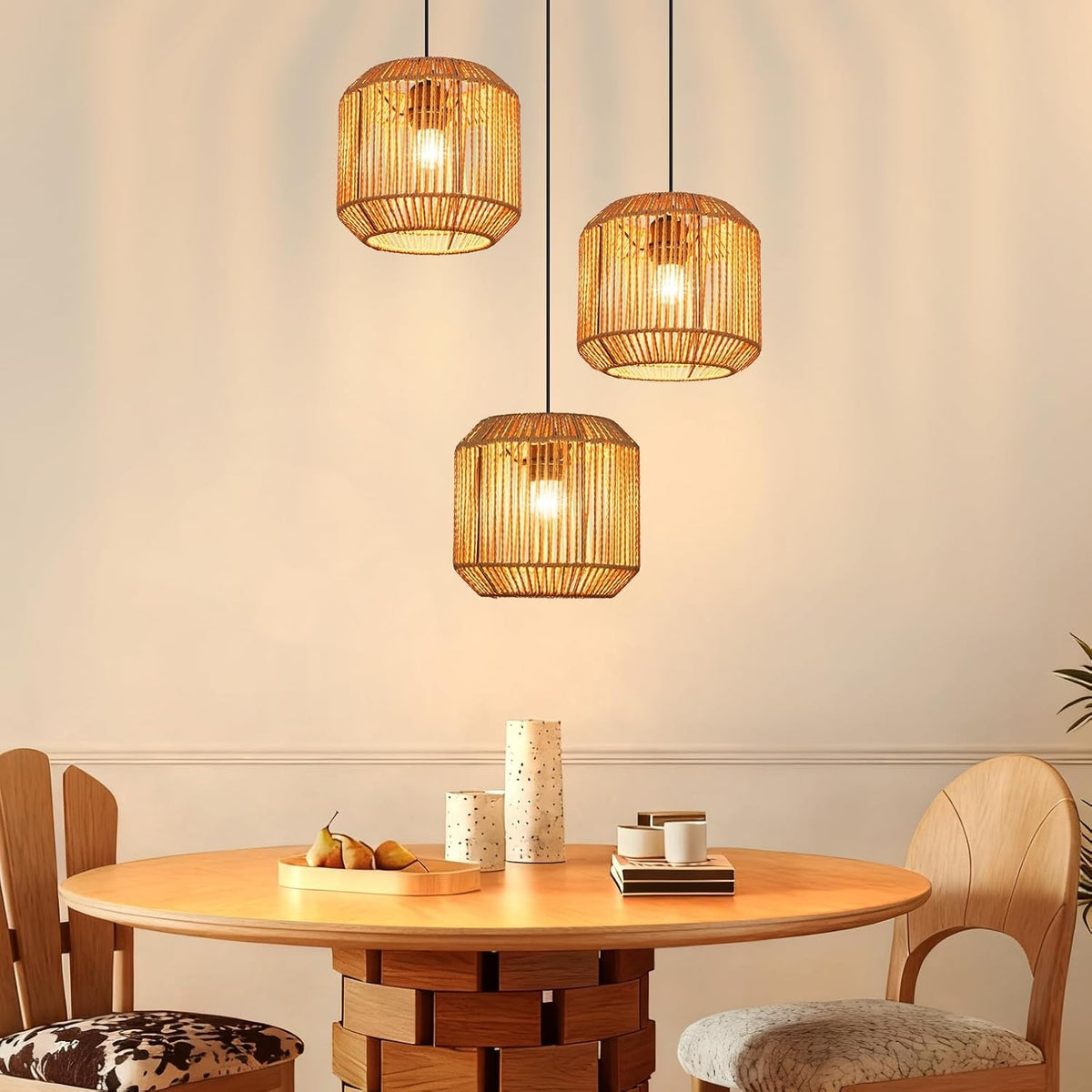 ZMH Pendelleuchte Boho Hängelampe Rattan Lampe Hängend Höhenverstellbar