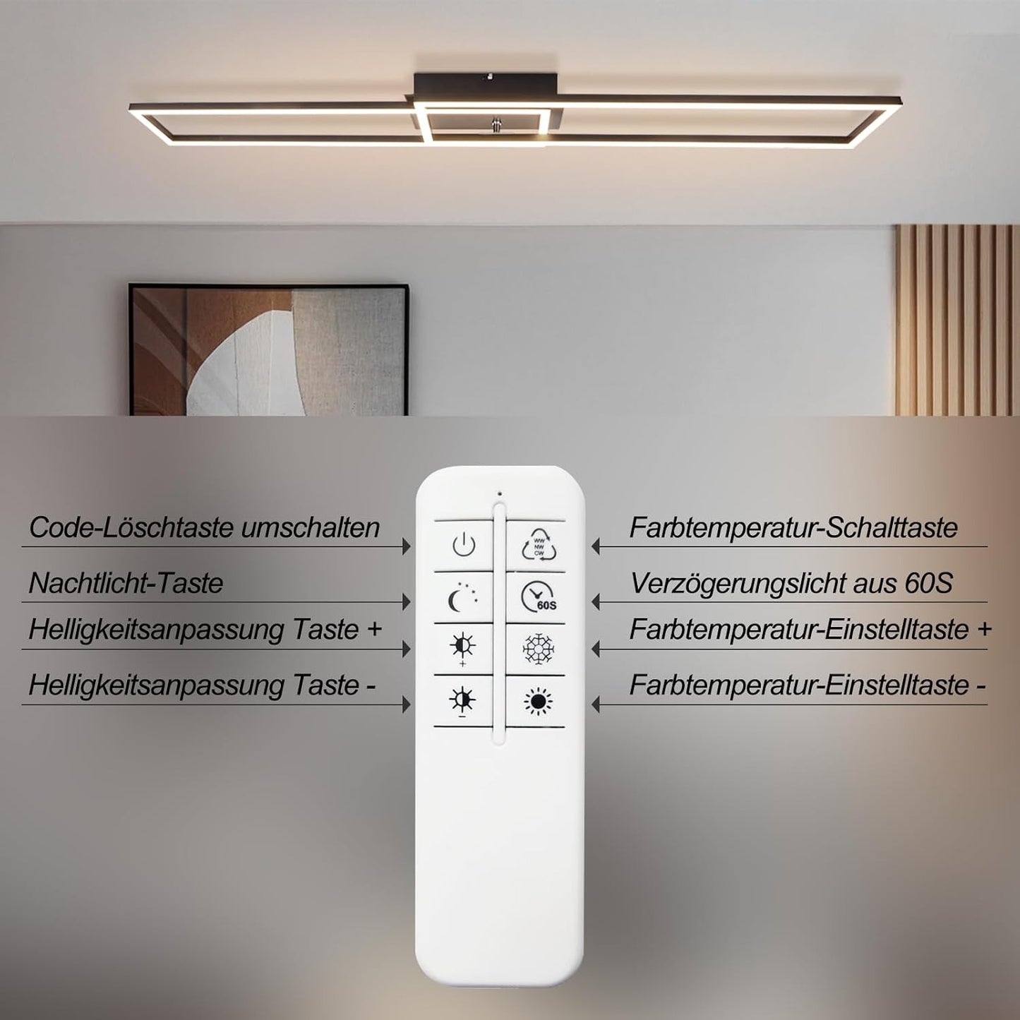 ZMH Deckenlampe LED Deckenleuchte Schlafzimmer- 2 Schwarz Rahmen Deckenbeleuchtung 102CM Modern Wohnzimmerlampe Dimmbar mit Fernbedienung Esszimmerlampe 36W Rechteckig Design für Küche Flur