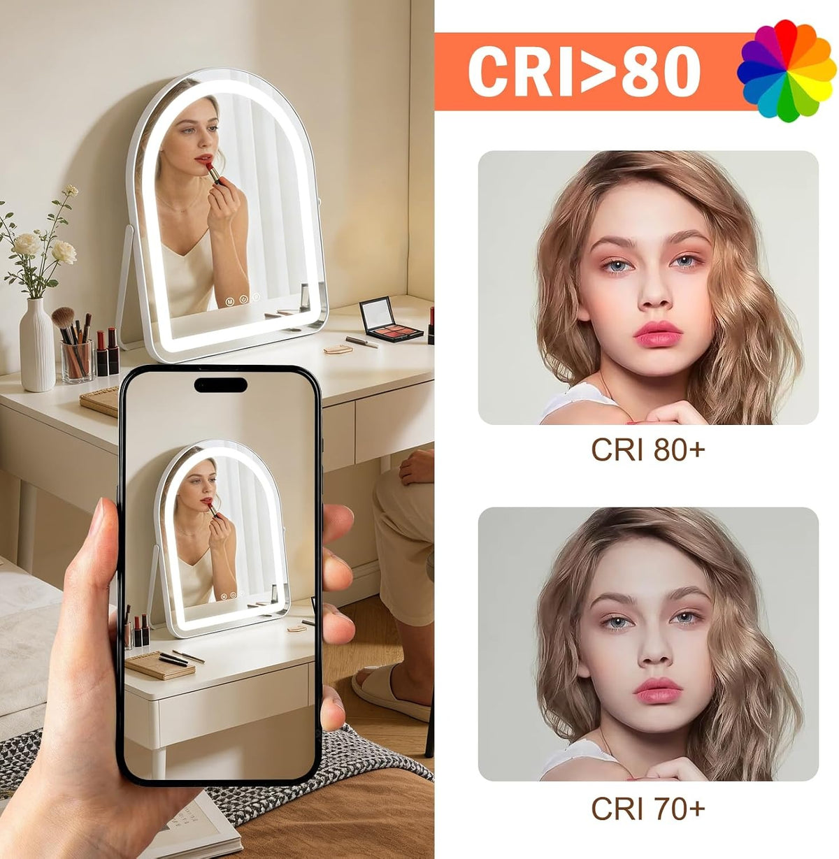 ZMH Schminkspiegel mit Beleuchtung Hollywood Spiegel - 35×45CM LED Vanity Mirror Klein Rund Kosmetikspiegel mit Licht Runder Tischspiegel 3 Modi Schminktischspiegel Touch Dimmbar