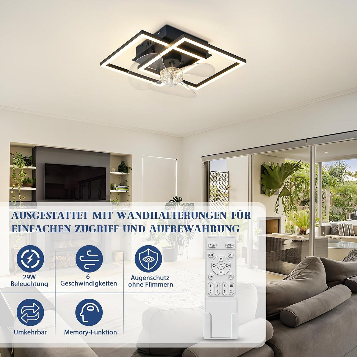 ZMH LED Deckenventilator Mit Beleuchtung 3000-6500K Dimmbar Schwarz