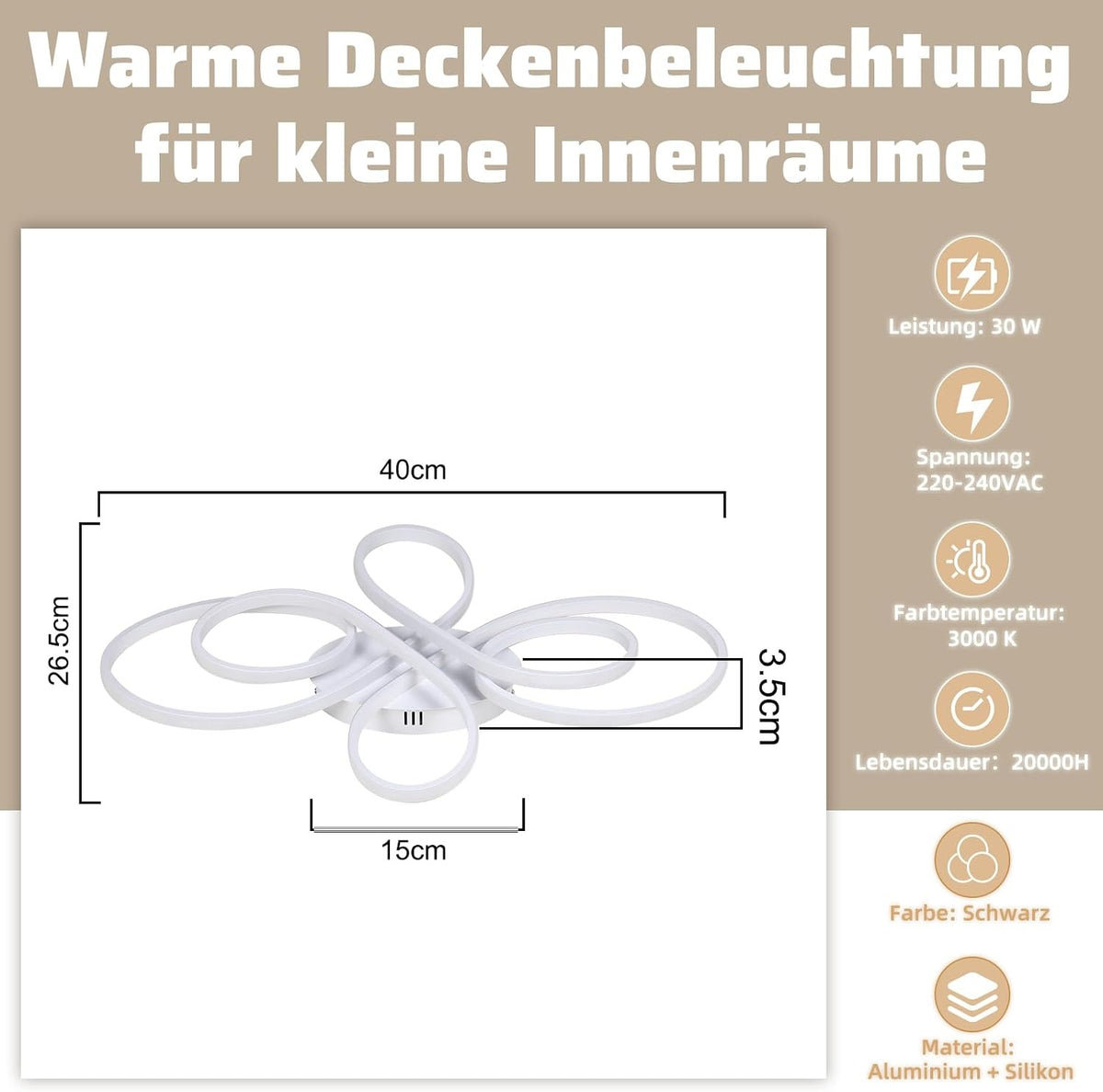 ZMH LED Deckenlampe 30W Weiß 3000K Warmweiß Wohnzimmerlampe Küchenlampe