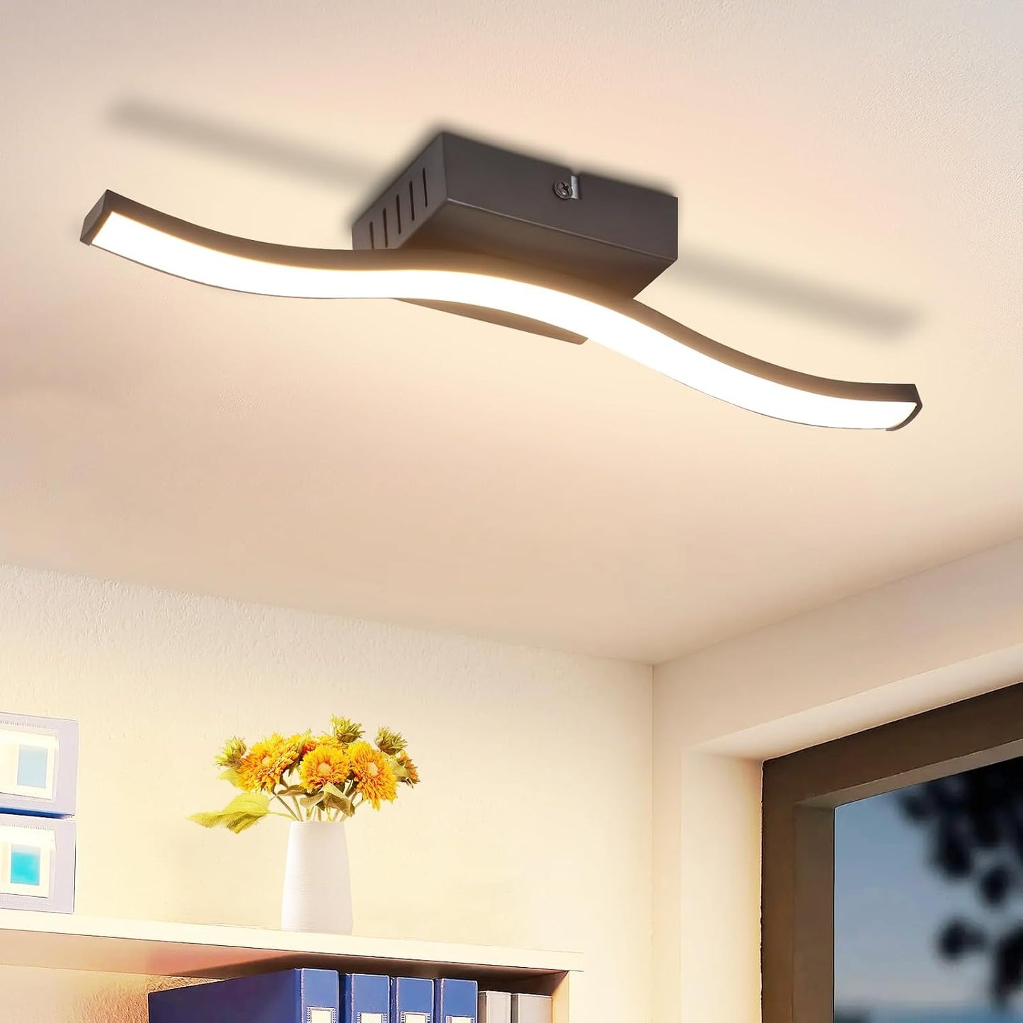 ZMH Deckenlampe Wohnzimmer LED Deckenleuchte Schlafzimmer: Modern Schlafzimmerlampe Schwarz 12W Wohnzimmerlampe 3000K Wellen Design Innen Warmweiß