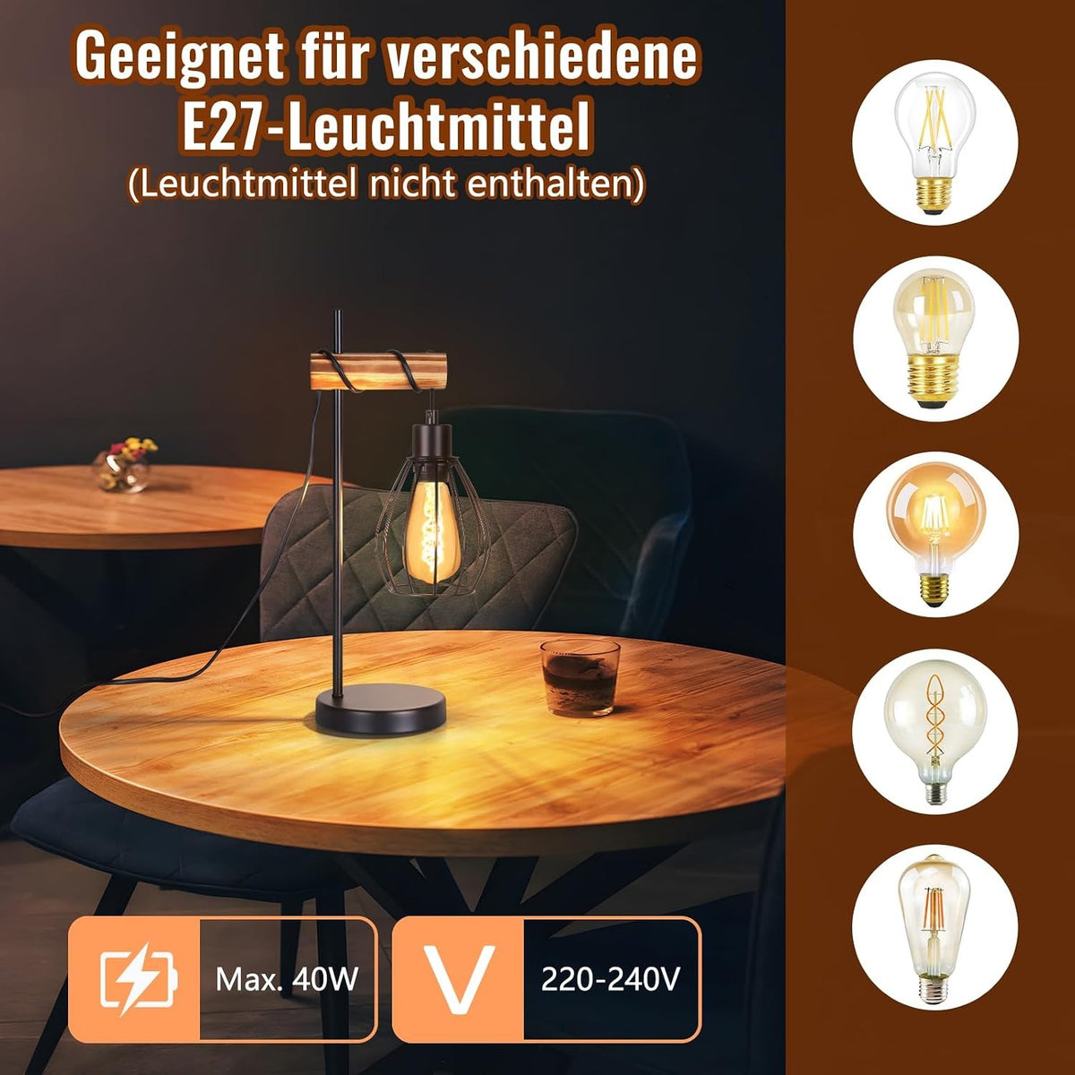 ZMH Tischlampe Wohnzimmer Vintage Tischleuchte Holz Schwarz Nachttischlampe