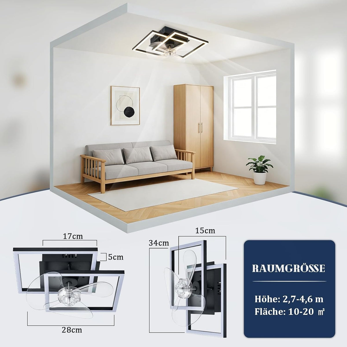 ZMH LED Deckenventilator Mit Beleuchtung 3000-6500K Dimmbar Schwarz